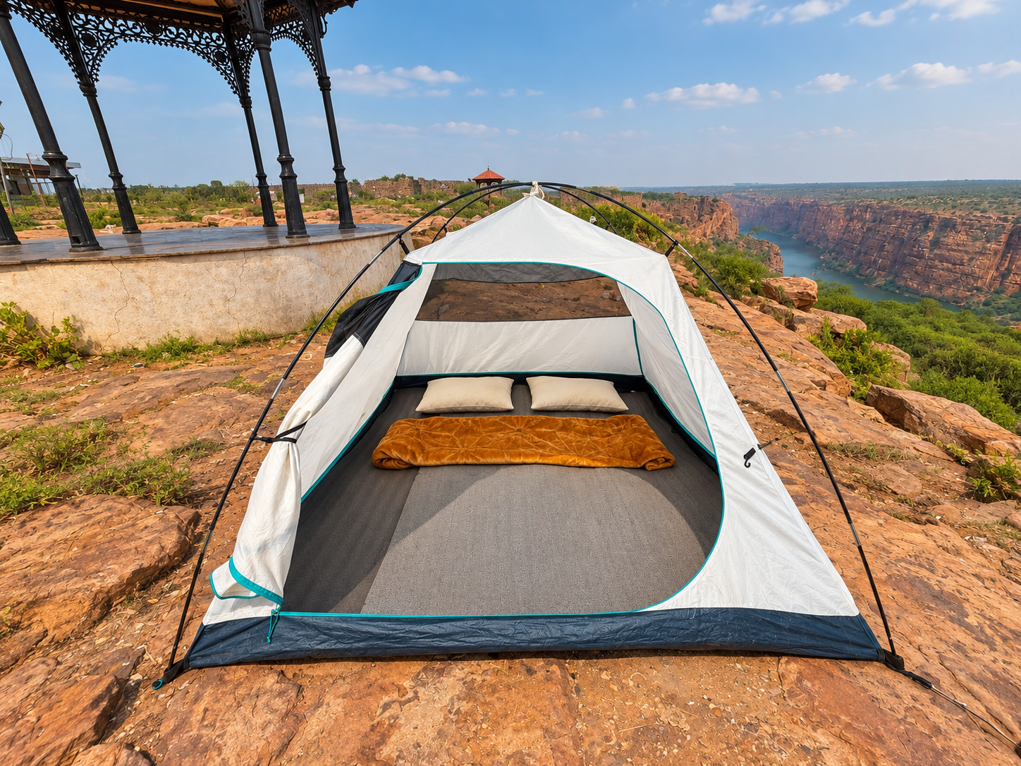 View towards Gandikota canyon from inside a camping tent